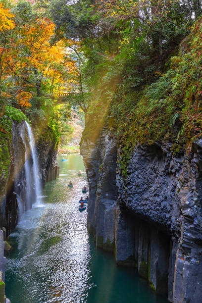 Takachiho Gorge is a narrow chasm cut through the rock by the Gokase River, plenty activities for tourists such as rowing and trekking through beautiful nature