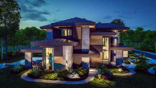 istock 3d rendering of modern house in luxurious style in night 2153213996