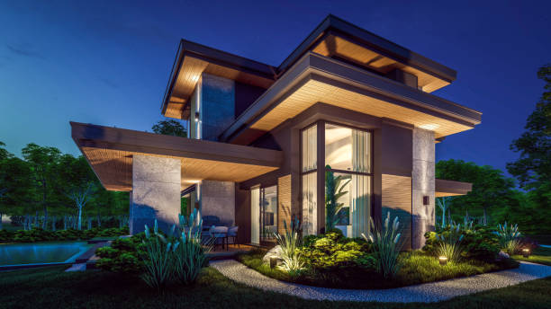istock 3d rendering of modern house in luxurious style in night 2153214009