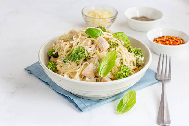 Creamy Chicken and Broccoli Pasta Low Angle Photography