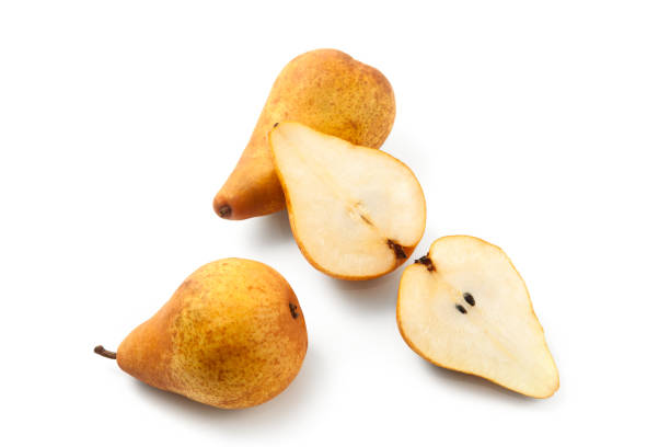istock Two whole and halves of pears isolated on white background with clipping path. 2153218012