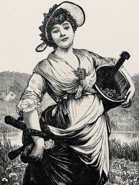 istock Peasant woman with a wooden basket and tools 2153227109