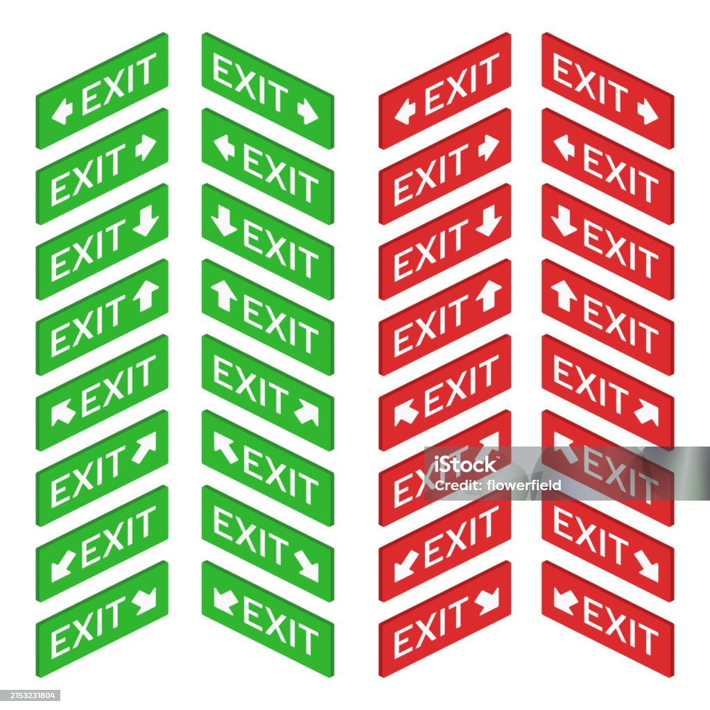 Exit Sign To Color Isometric Exit Red Green Wall Arrow Sign Set Vector Flat Illustration ...