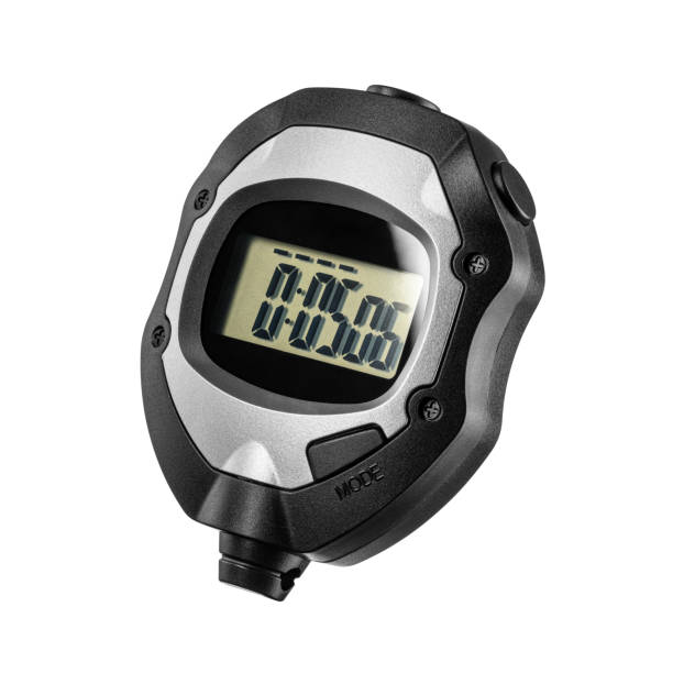 istock Electronic black plastic stopwatch with five seconds on the screen isolated on white. 2153238577
