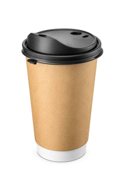 istock Large paper cup with brown sleeve and black plastic lid for latte coffee isolated on white. 2153238578