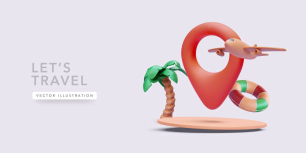 istock Tour concept poster in realistic style with pin, palm tree, airplane, lifebuoy. Vector illustration 2153238801