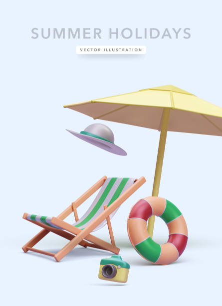 istock Resort concept poster in realistic style with chair, hat, camera, lifebuoy, umbrella. Vector illustration 2153239176