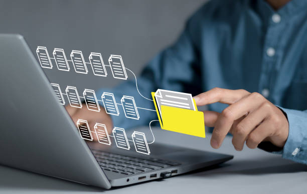 Document Management System concept. Enterprise content management, Digital asset management, Document imaging, Workflow, Records management, Online document file data software for efficient archiving.