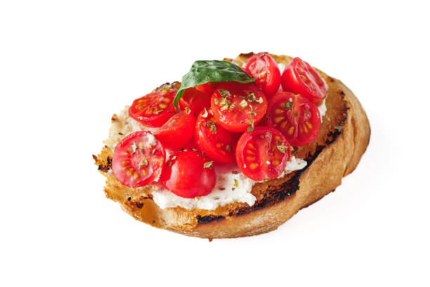 delicious Italian bruschetta with tomatoes on a white background.