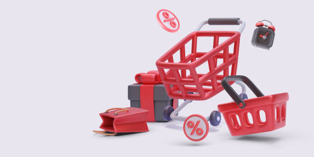 istock Shopping concept in realistic style with cart, shopping bag, gift, alarm, basket, discount. Vector illustration 2153247304