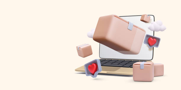 istock Online delivery concept with realistic laptop, parcels, clouds, and social icons in realistic style. Vector illustration 2153248121