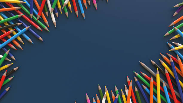 istock 3d rendering of many colored pencils distributed in the corners on a blue background 2153256242