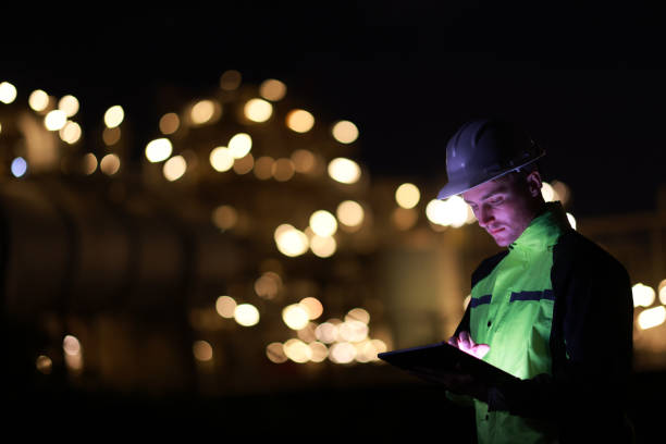 istock Smart  engineer with green safety jacket works on a digital tablet and using a mobile phone at the refinery plant during night shift 2153256985