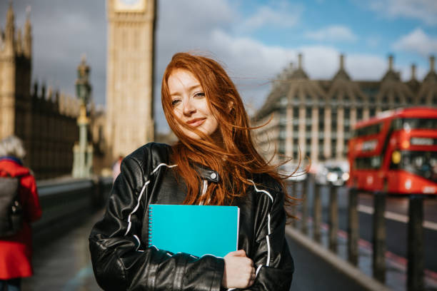 Happy beautiful female student in London