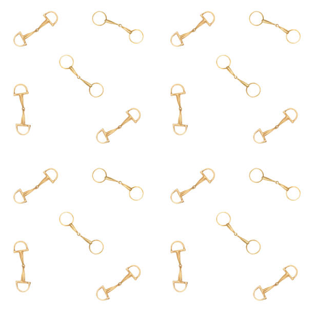Seamless pattern with watercolor illustration of golden snaffle, bit with D-Ring and circle rings. Equipment for horse riding set. Isolated. For cards, prints, decor