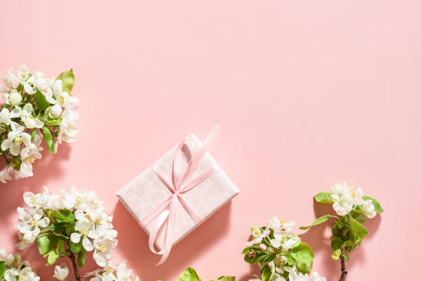 istock Spring flowers and  gift box on a pink background 2153271716