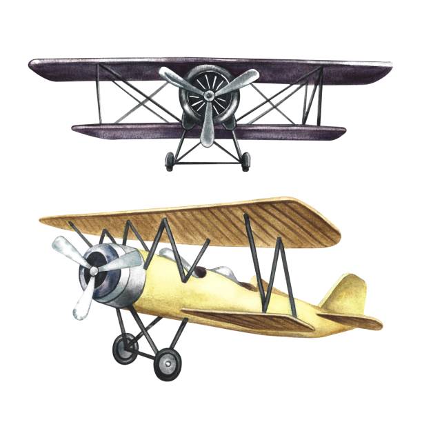 istock Vintage retro airplanes. A set of illustrations made in watercolor by hand. An ancient flying transport. Isolate it. For banners, flyers, posters. For badges, stickers and prints. 2153274579