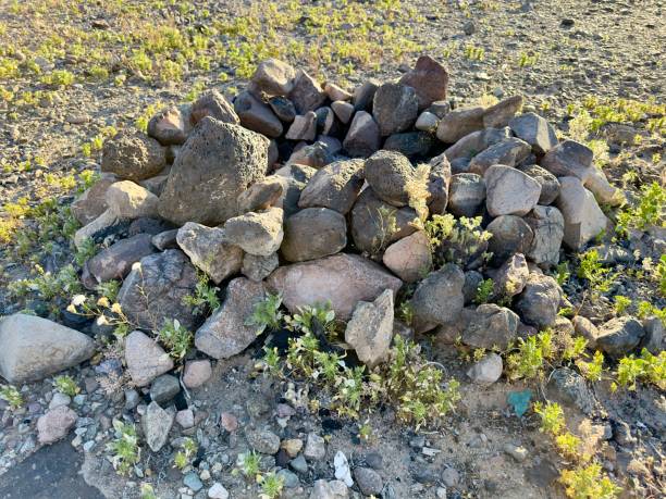 A desert campsite with a stone circle fire pit, offering warmth and ambiance under starlit skies, blending nature's rugged beauty with cozy comfort.