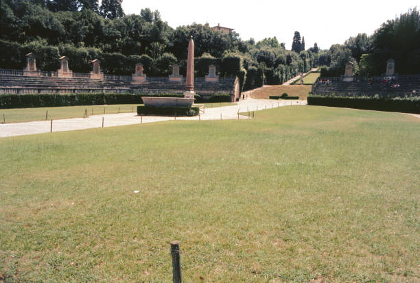 Florence, Tuscany, Italy, 11 August 1992: inside the Boboli Gardens, the city's historic park inaugurated by the Medici family, there is a large amphitheater with steps and aedicules with marble statues