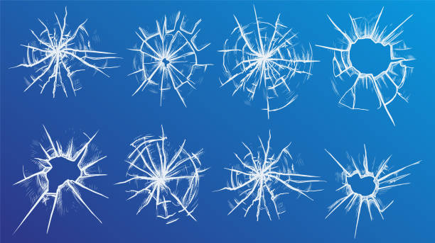 realistic broken glass set, detailed vector illustrations on blue background - kırık stock illustrations