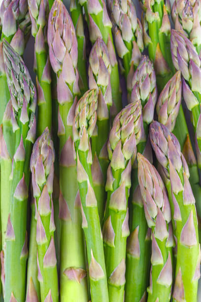 Raw green asparagus texture background, close up, macro. Food backdrop, wallpaper