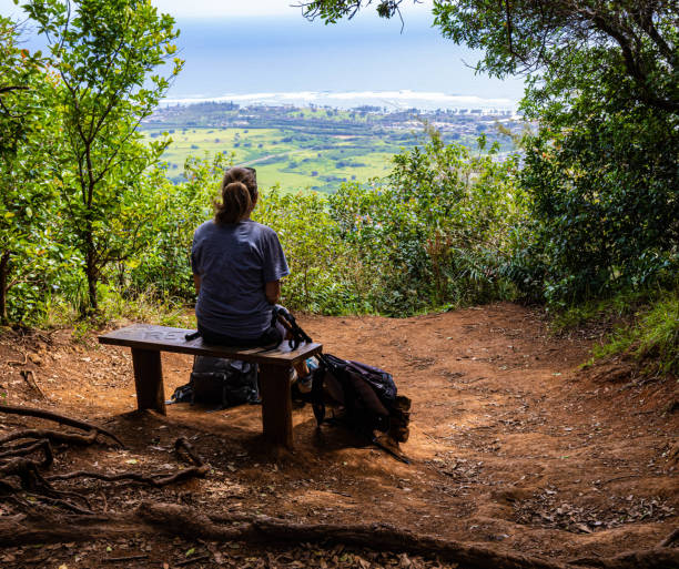 istock Female Hiker Relaxing on Bench at Overlook on The Sleeping Giant Trail 2153286241