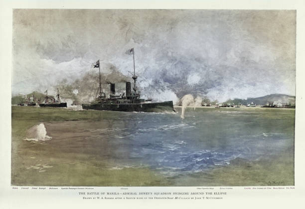 Vintage picture of US Navy warships attacking the Spanish fleet, Battle of Manila Bay, Spanish–American War, 1 May 1898