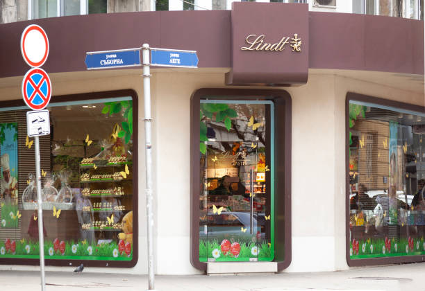 Exterior of the Lindt chocolate shop in central Sofia, Bulgaria. The windows have Easter-related gifts. LIndt is a chocolatier and confectioner headquartered in  Kilchberg, Switzerlan.