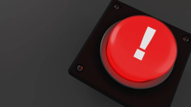 istock 3D rendering of red button with exclamation mark on gray background. 2153312152