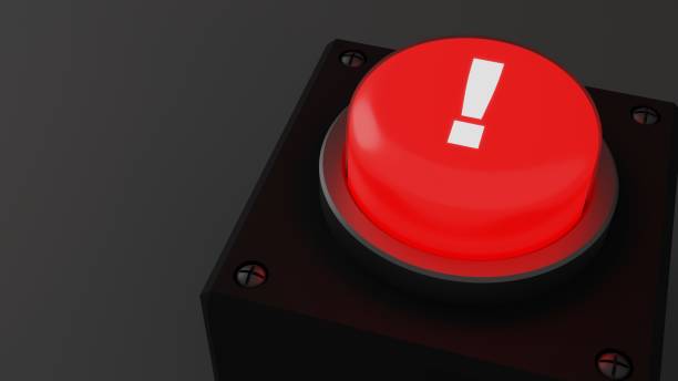 istock 3D rendering of red button with exclamation mark on gray background. 2153312153