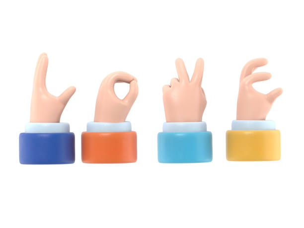 istock Cartoon Gesture Icon Mockup.Set female hands gestures making word LOVE, clipping path.3D rendering on white background. 2153315147