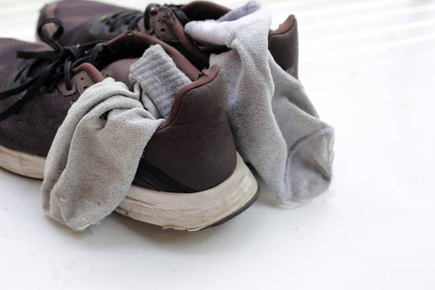 istock Black sneakers with dirty socks 2153323386
