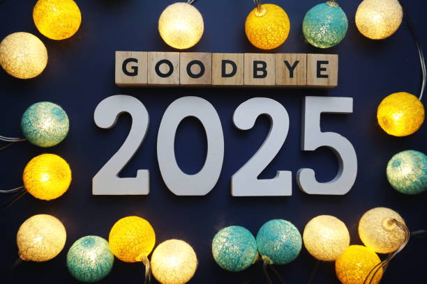 istock Goodbye 2025 alphabet letter with cotton ball LED decoration on blue background 2153326152