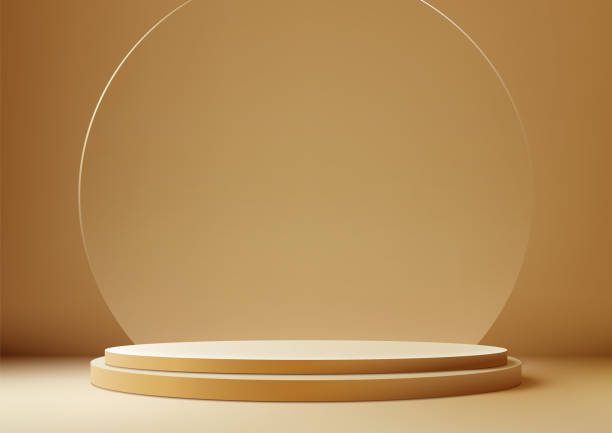 istock 3D beige podium stand with circle glass backdrop is perfect for modern interior concept product display mockups. The stand is set on a floor and light brown background 2153328998