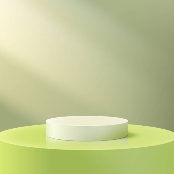 istock 3D round white circle rests on top of a green cylinder podium with light beam on green background, minimal concept, product display, mockup, showroom, showcase 2153329011