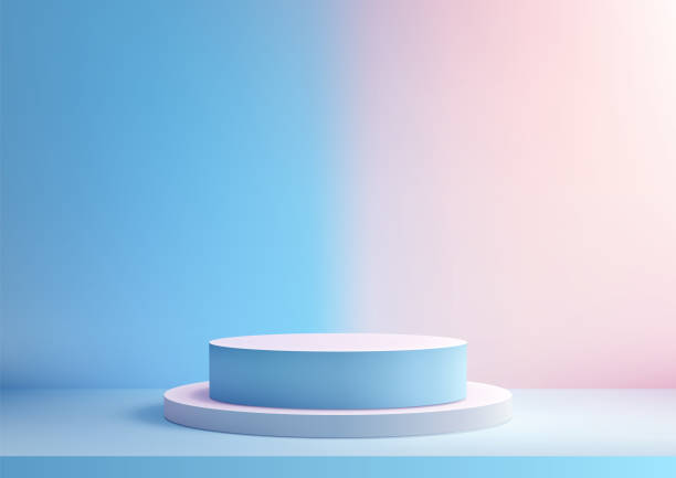 istock 3D round blue and pink podium sits on a pastel background, minimal concept, product display, mockup, showroom, showcase 2153329017