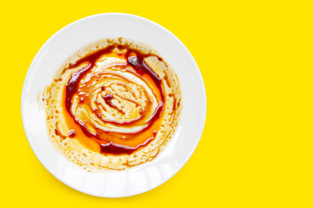 istock Dirty dish on yellow background. Top view 2153329266