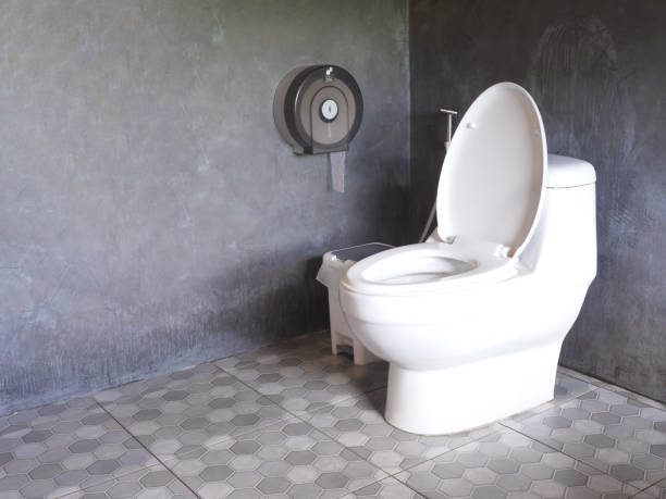 White toilet bowl in classic simple bathroom.