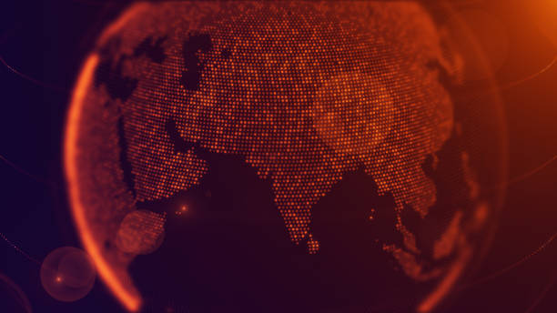 istock Futuristic Orange Violet Shiny Close-Up High Angle View Of Dotted Globe Earth World Map, Featuring India, Center Position With Bokeh Light Flare 2153330218