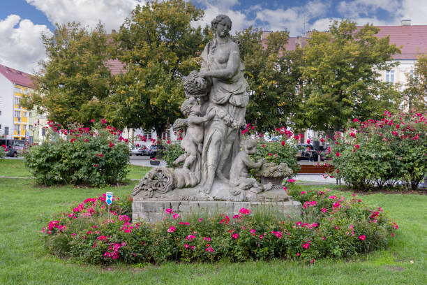 Szczecin, Poland - September 16, 2022: Flora statue, Roman goddess of harvest and spring, baroque monument located on White Eagle Square
