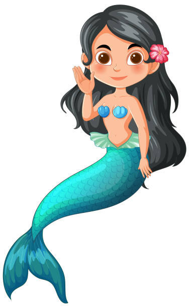istock Cheerful mermaid with flower in hair, waving 2153333473
