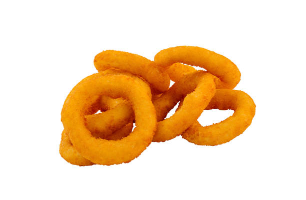istock Crispy golden onion rings on white background 2153335591