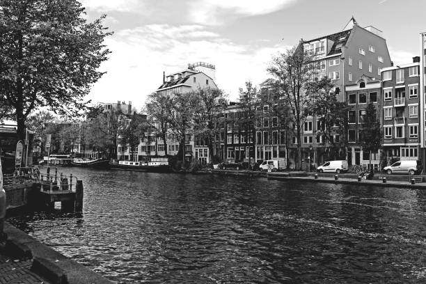 The black and white photo depicts a typical urban canal lined with residential buildings, probably in Amsterdam. On the left, a lush tree overhangs the canal, adding a touch of nature to the urban scene. Several boats are moored along the canal, including houseboats and smaller boats. The buildings lining the canal are tall and narrow, with facades typical of Dutch architecture, some of which feature steps leading down to the water. Cars and vans are parked along the street next to the canal, adding to the atmosphere of a lively, inhabited city. The sky is partially cloudy, and the diffused light creates a soft contrast between the various shades of grey, giving the photo a classic and nostalgic look.