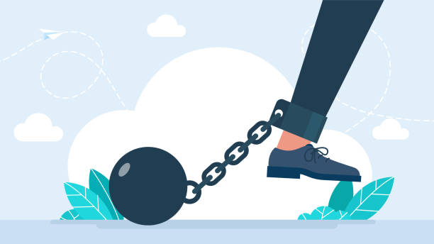 istock Work problem. Chain with ball attached to leg. The man's leg is chained. Businessman chained to his big heavy debt weight with shackles. Business man corporate slavery concept. Flat illustration 2153338372