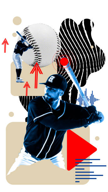 istock Young bearded man, baseball player standing with bat, practicing against light background with abstract elements. Contemporary art collage. 2153340981