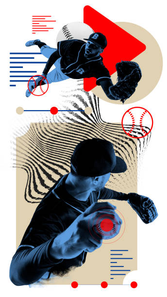 istock Concentrated man, baseball player during game, playing against light background with abstract elements. Contemporary art collage. 2153340986
