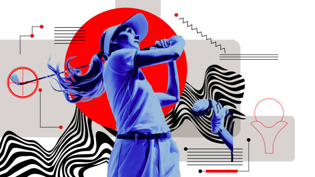 Focused young girl in motion playing golf against light background with abstract elements. Contemporary art collage. Leisure activity Focused young girl in motion playing golf against light background with abstract elements. Contemporary art collage. Leisure activity. Concept of sport, game, active and healthy lifestyle, competition golfer swinging club stock pictures, royalty-free photos & images