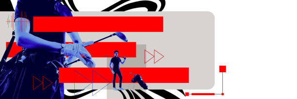 istock Young guy, golf player standing with golf equipment against light background with abstract elements. Contemporary art collage. 2153341010