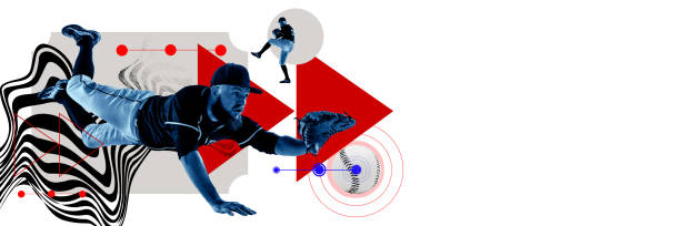 istock Concentrated man, baseball player in motion, catching ball and falling down against light background with abstract elements. Contemporary art collage. 2153341017