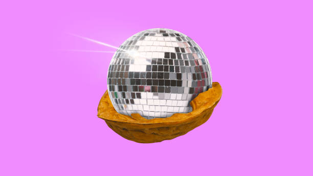 istock Disco nut. Walnut transformed into disco ball against pink background. Nightclub party. Contemporary art collage. 2153341934